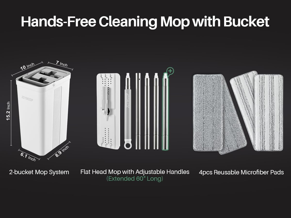 Flat Mop and Bucket Set with Wringer – Long-Handle Floor & Wall Cleaning Mop with 4 Reusable Microfiber Pads for Hardwood & All Surfaces