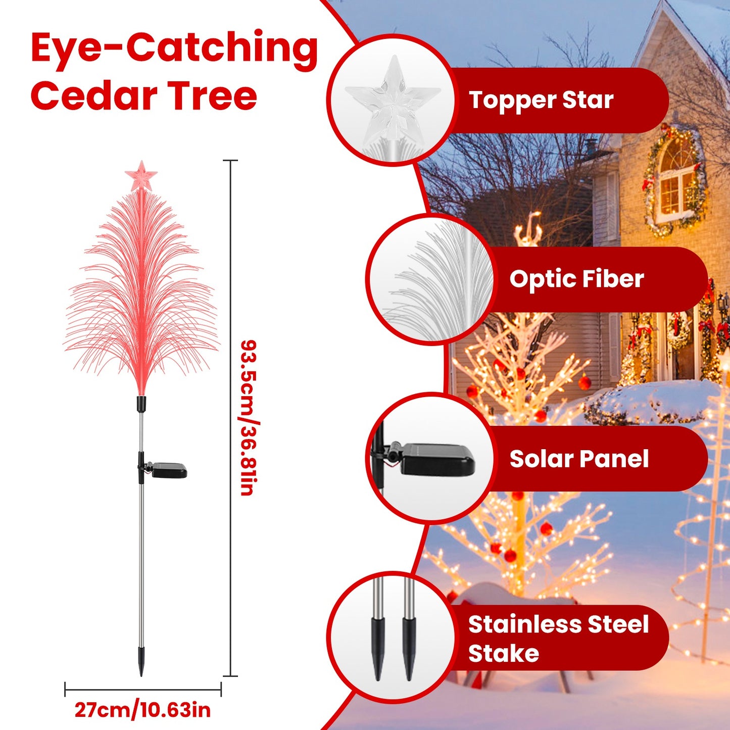 4Pack 7 Color Changing Solar Christmas Tree Lights Outdoor Optical Fiber Stake Lights Cedar Tree Lights With Topper Star IP44 Waterproof For Garden Yard Pathway Lawn
