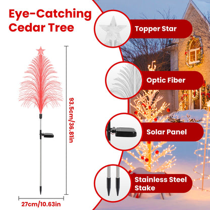 4Pack 7 Color Changing Solar Christmas Tree Lights Outdoor Optical Fiber Stake Lights Cedar Tree Lights With Topper Star IP44 Waterproof For Garden Yard Pathway Lawn