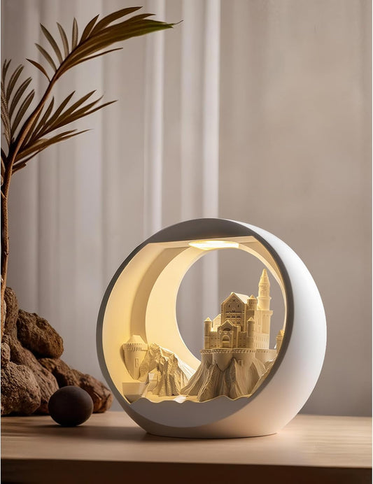 Handmade Gypsum Aroma Night Light – 3-Color Adjustable Mood Lamp for Relaxing Bedroom & Office Decor (Circular Castle Design + 10ml Peppermint Essential Oil)