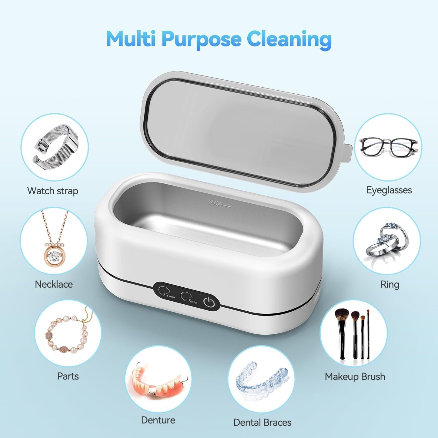 48KHz Ultrasonic Jewelry Cleaner – Stainless Steel Tank Machine for Rings, Eyeglasses, Watch Straps & Dentures (Dual Modes)