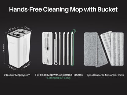 Flat Mop and Bucket Set with Wringer – Long-Handle Floor & Wall Cleaning Mop with 4 Reusable Microfiber Pads for Hardwood & All Surfaces