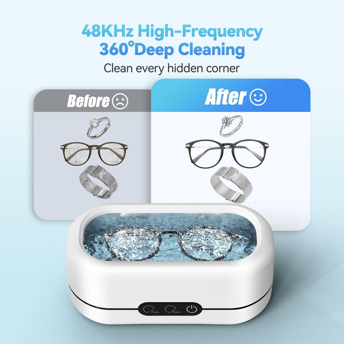 48KHz Ultrasonic Jewelry Cleaner – Stainless Steel Tank Machine for Rings, Eyeglasses, Watch Straps & Dentures (Dual Modes)