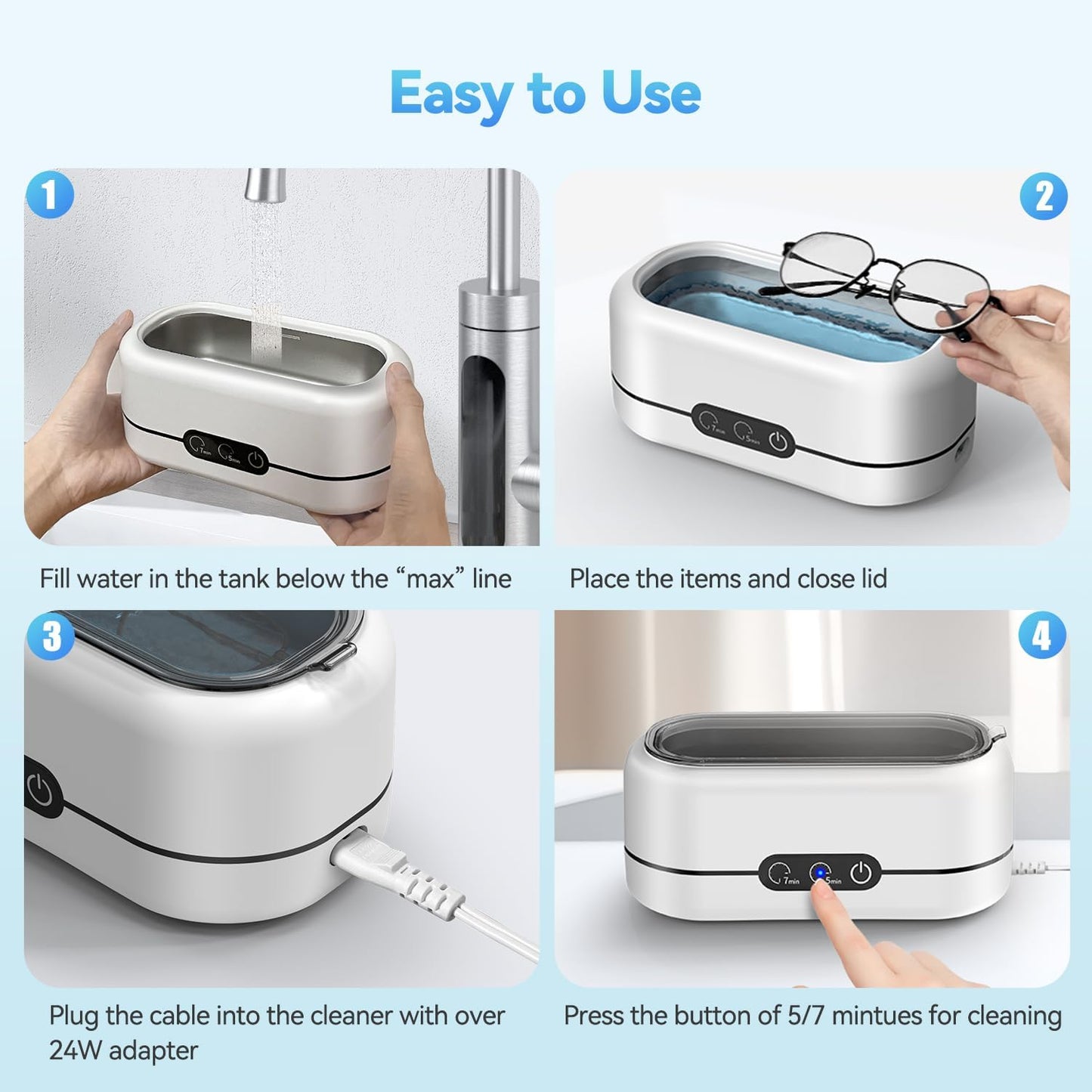 48KHz Ultrasonic Jewelry Cleaner – Stainless Steel Tank Machine for Rings, Eyeglasses, Watch Straps & Dentures (Dual Modes)
