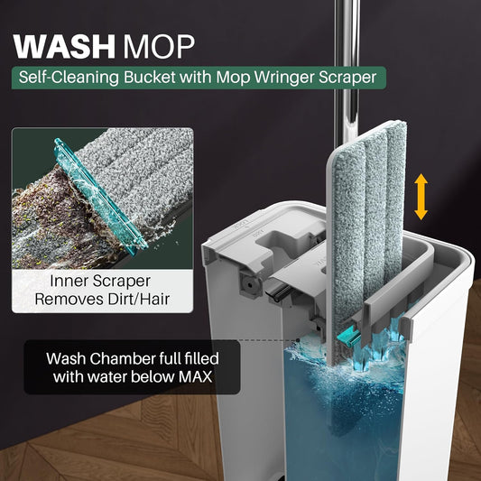 Flat Mop and Bucket Set with Wringer – Long-Handle Floor & Wall Cleaning Mop with 4 Reusable Microfiber Pads for Hardwood & All Surfaces